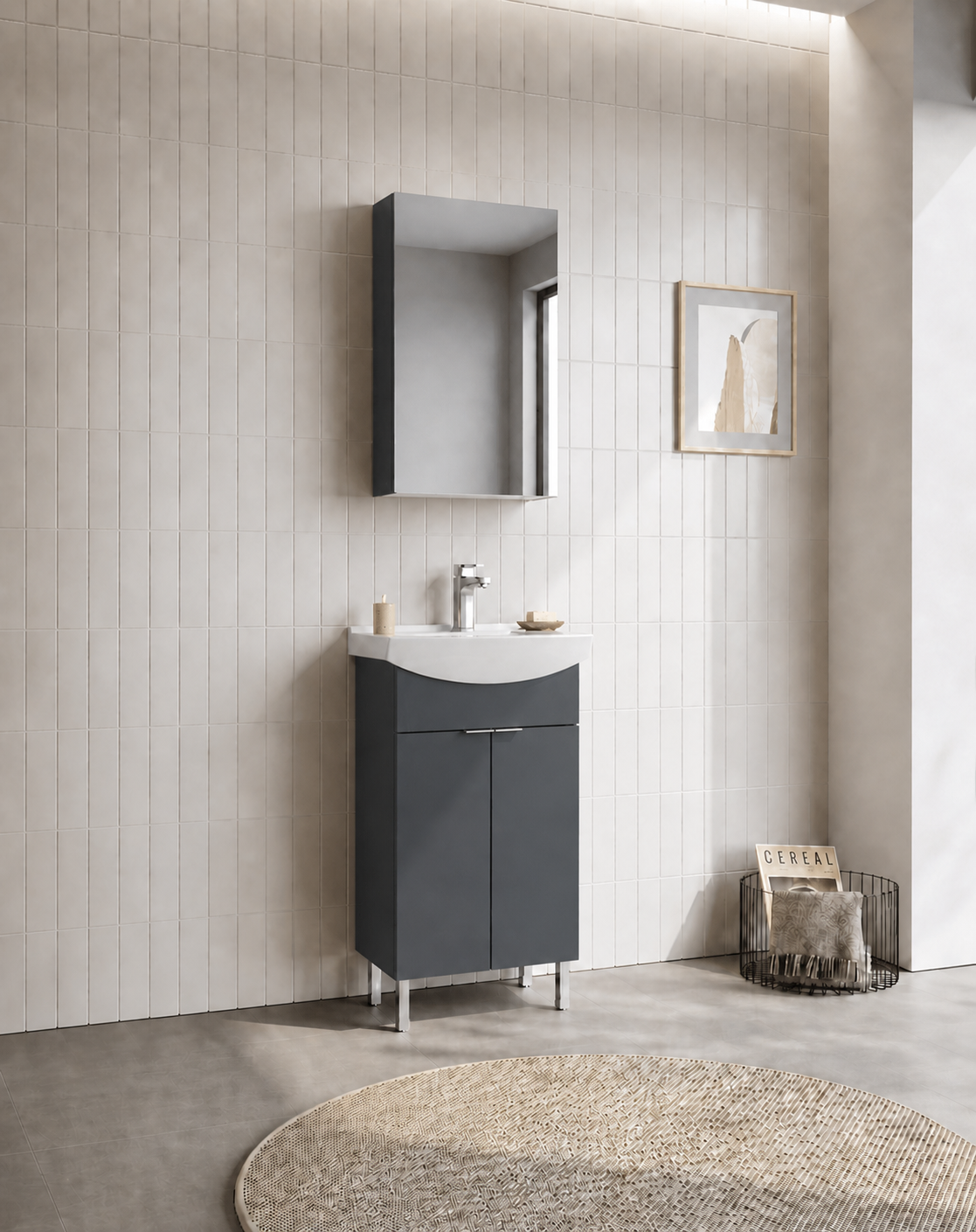 Orka Purus 55 cm ,Mat Antrasit, Banyo Dolabı Takımı (Ayaklı,Dolaplı Ayna), 5008478