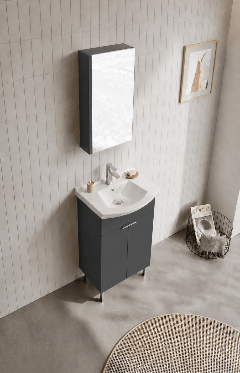 Orka Purus 55 cm ,Mat Antrasit, Banyo Dolabı Takımı (Ayaklı,Dolaplı Ayna), 5008478