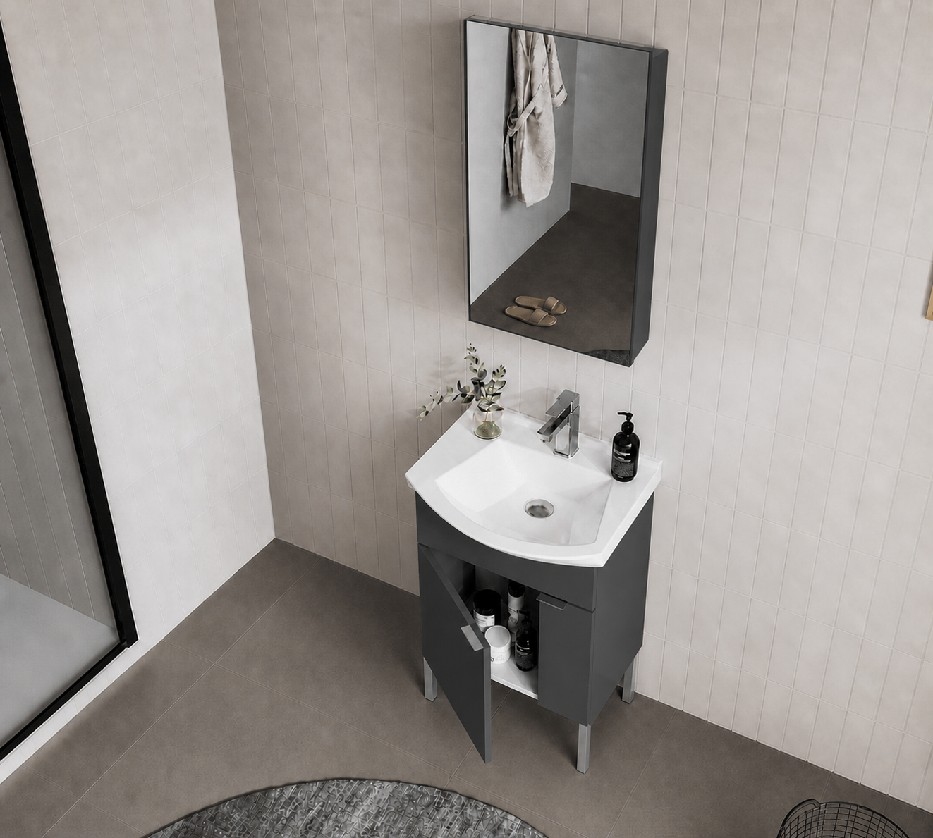 Orka Purus 55 cm ,Mat Antrasit, Banyo Dolabı Takımı (Ayaklı,Dolaplı Ayna), 5008478