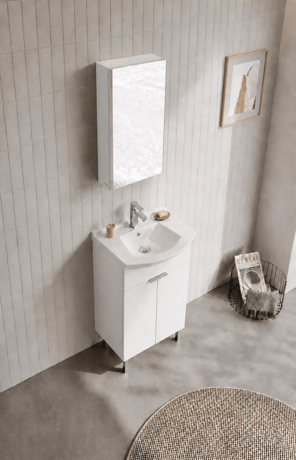 Orka Purus 55 cm ,Parlak Beyaz, Banyo Dolabı Takımı (Ayaklı,Dolaplı Ayna), 5008479
