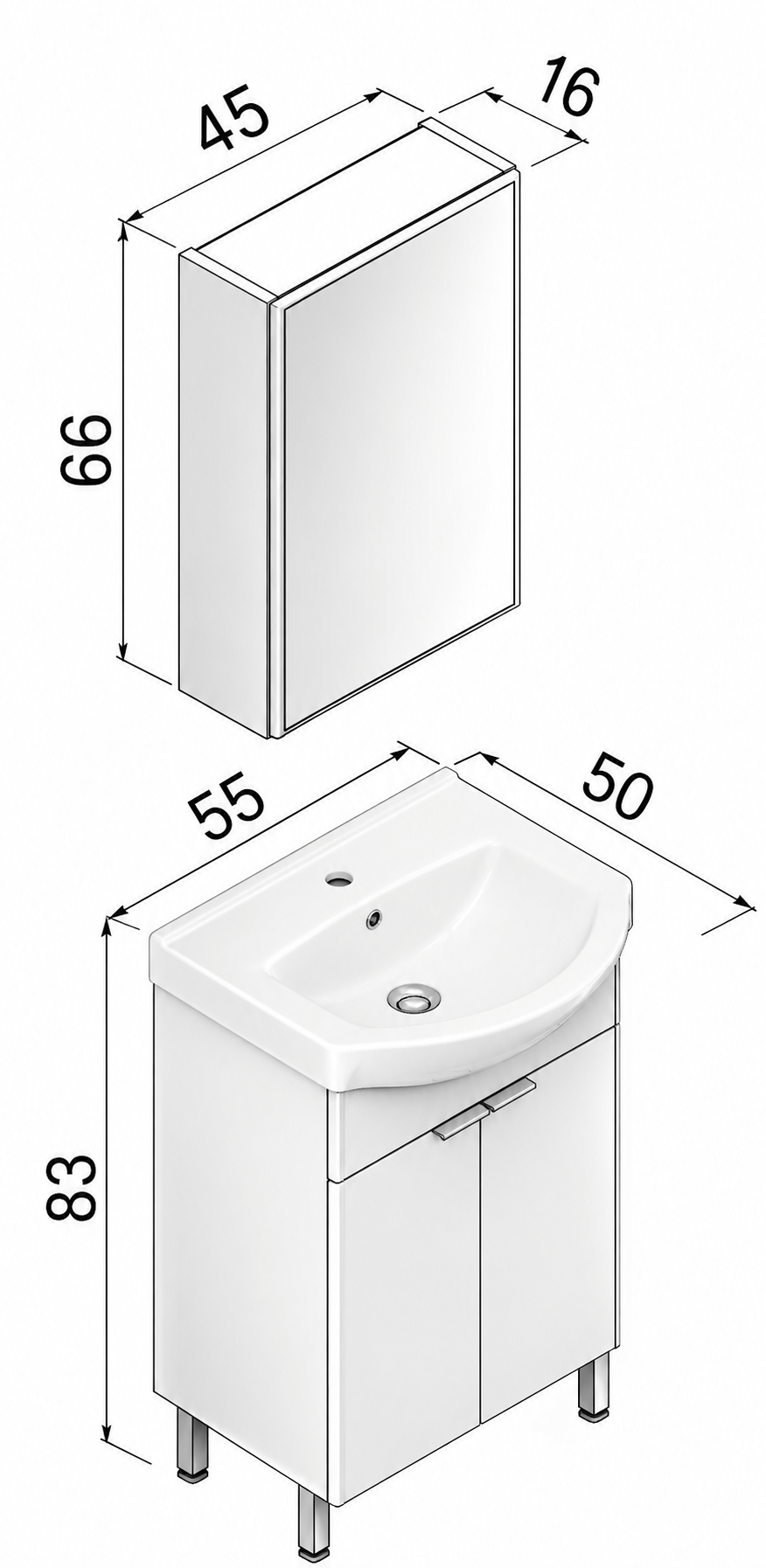 Orka Purus 55 cm ,Parlak Beyaz, Banyo Dolabı Takımı (Ayaklı,Dolaplı Ayna), 5008479