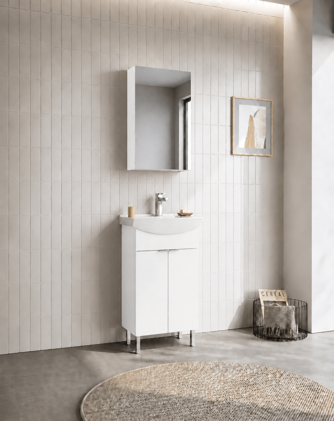 Orka Purus 55 cm ,Parlak Beyaz, Banyo Dolabı Takımı (Ayaklı,Dolaplı Ayna), 5008479