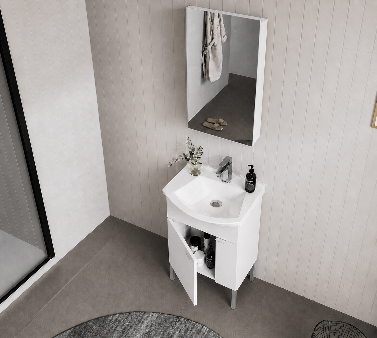 Orka Purus 55 cm ,Parlak Beyaz, Banyo Dolabı Takımı (Ayaklı,Dolaplı Ayna), 5008479
