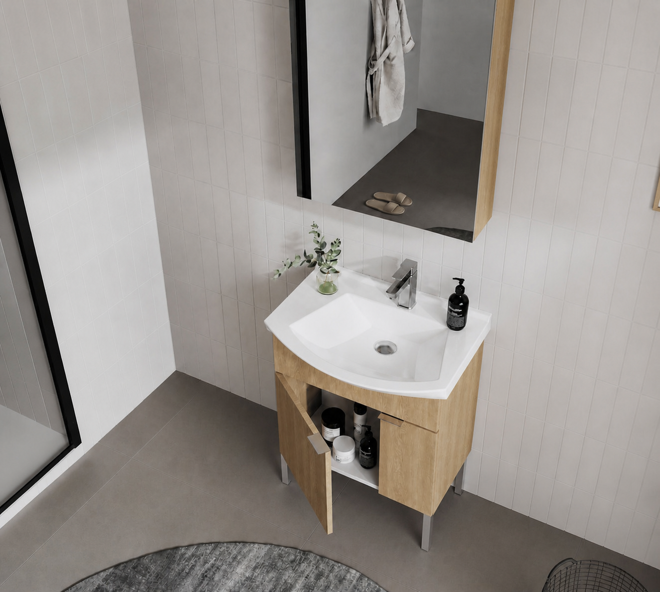 Orka Purus 65 cm ,Budva, Banyo Dolabı Takımı (Ayaklı,Dolaplı Ayna), 5008480