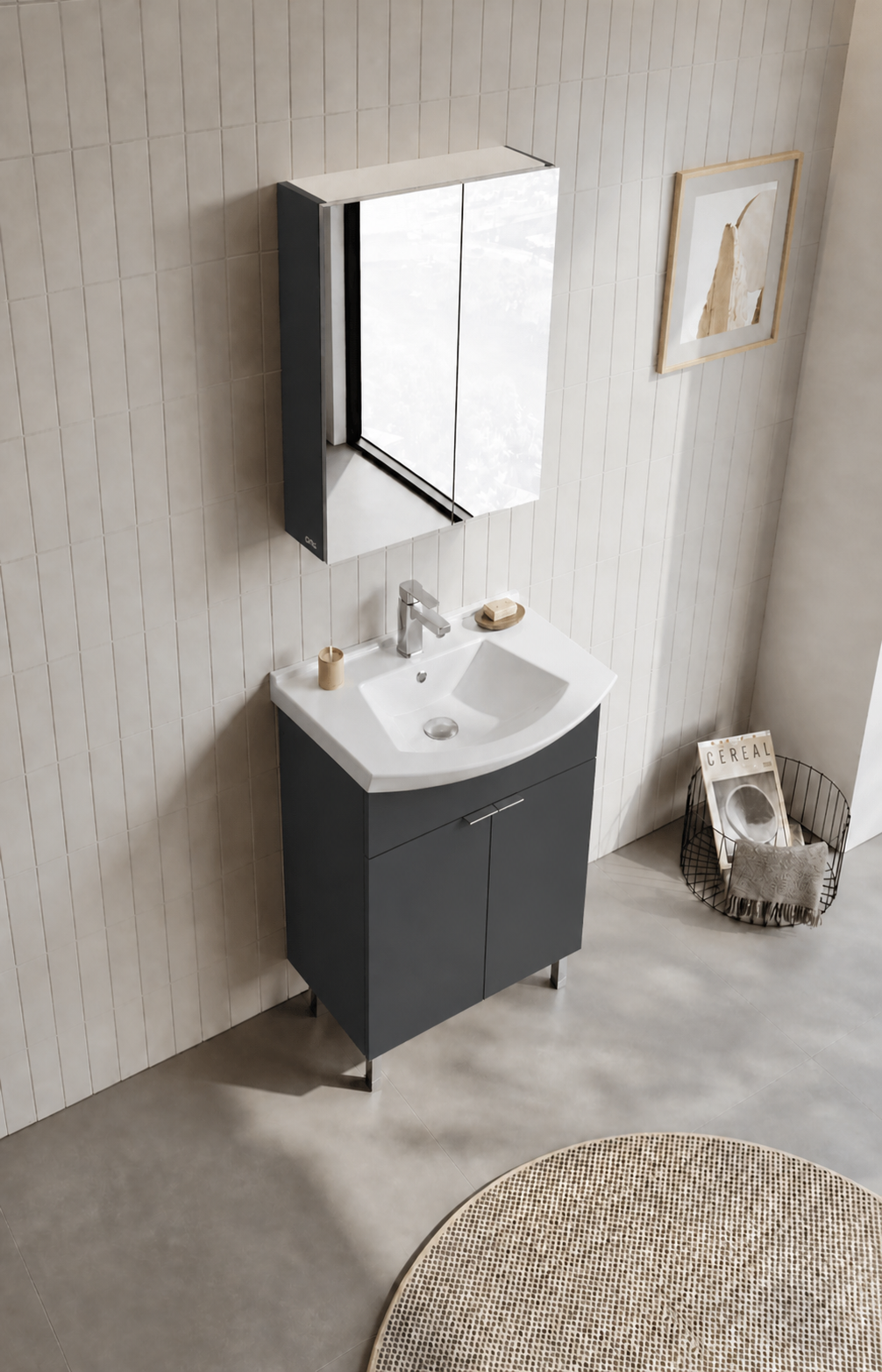 Orka Purus 65 cm ,Mat Antrasit, Banyo Dolabı Takımı (Ayaklı,Dolaplı Ayna), 5008481
