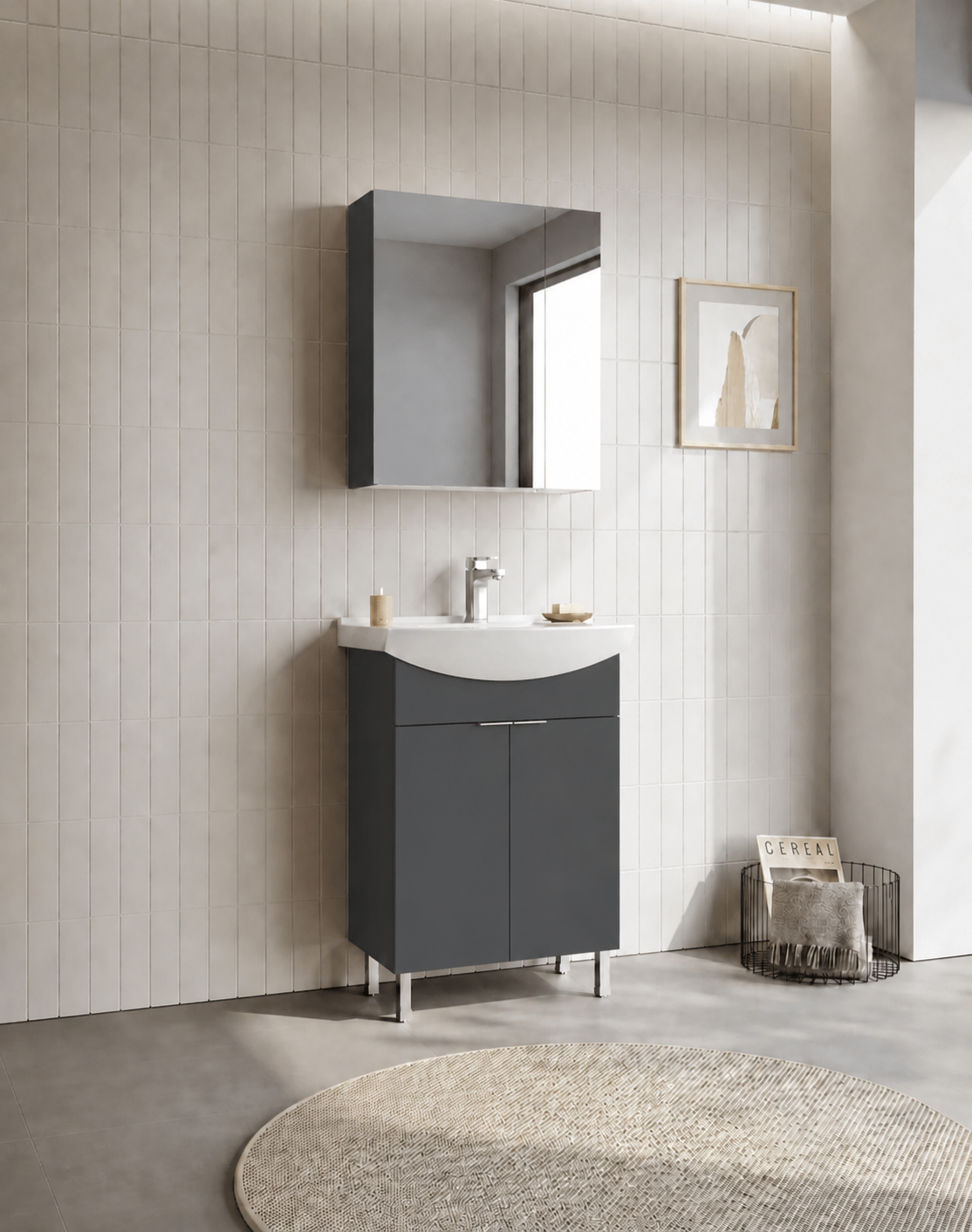 Orka Purus 65 cm ,Mat Antrasit, Banyo Dolabı Takımı (Ayaklı,Dolaplı Ayna), 5008481