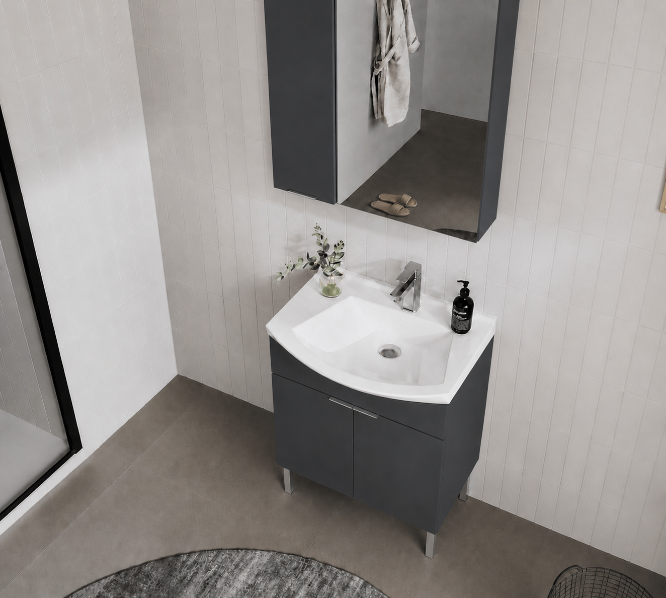 Orka Purus 65 cm ,Mat Antrasit, Banyo Dolabı Takımı (Ayaklı,Dolaplı Ayna), 5008481
