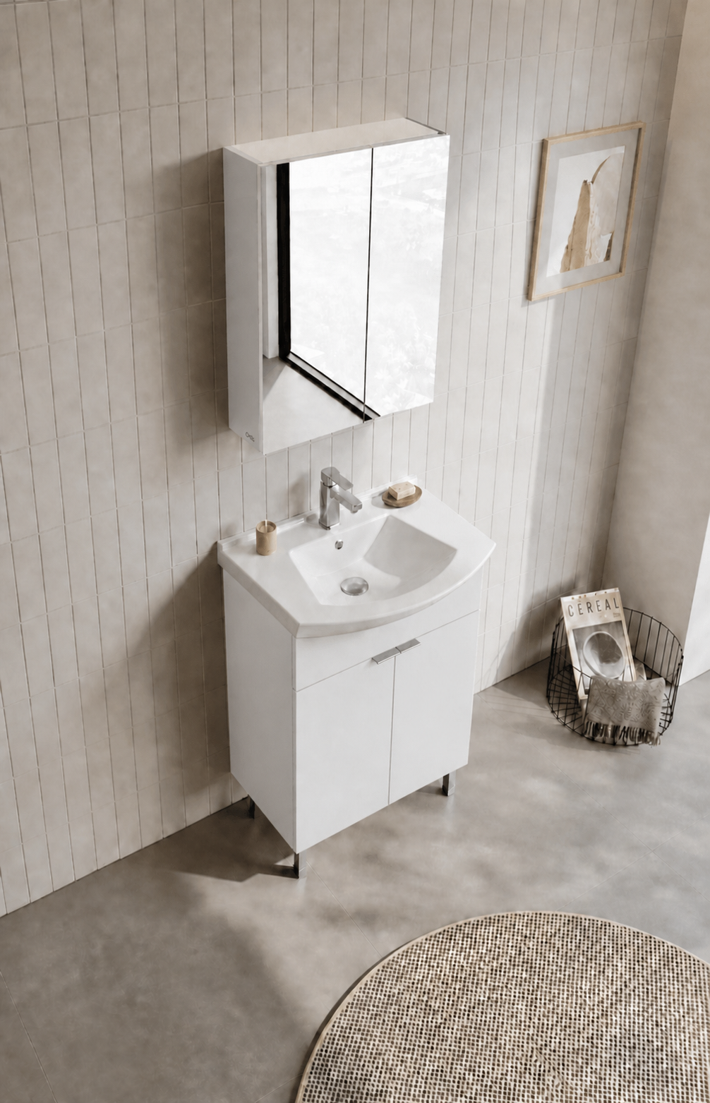 Orka Purus 65 cm ,Parlak Beyaz, Banyo Dolabı Takımı (Ayaklı,Dolaplı Ayna), 5008482