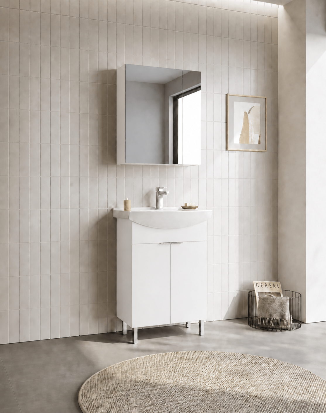 Orka Purus 65 cm ,Parlak Beyaz, Banyo Dolabı Takımı (Ayaklı,Dolaplı Ayna), 5008482