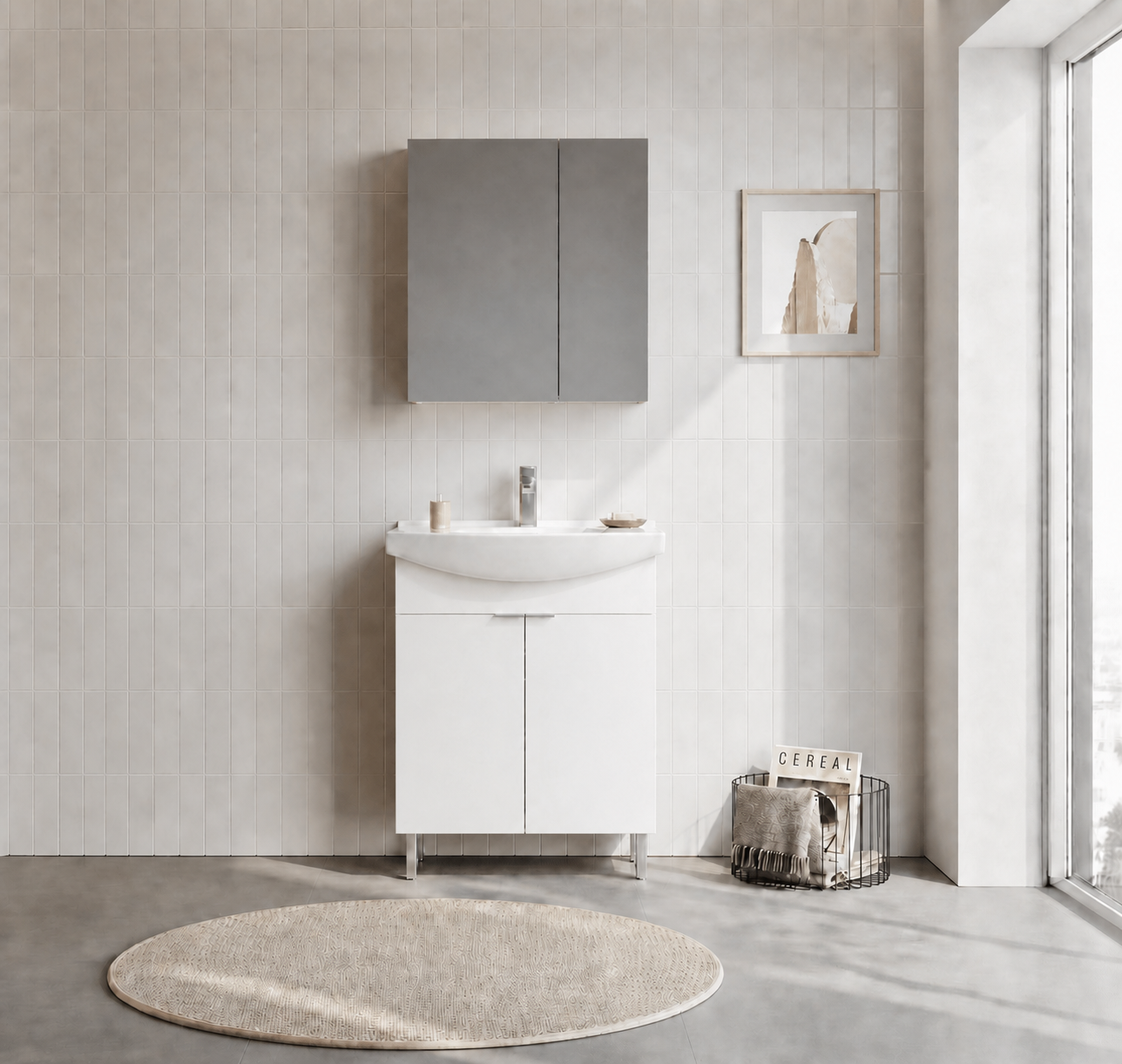 Orka Purus 65 cm ,Parlak Beyaz, Banyo Dolabı Takımı (Ayaklı,Dolaplı Ayna), 5008482
