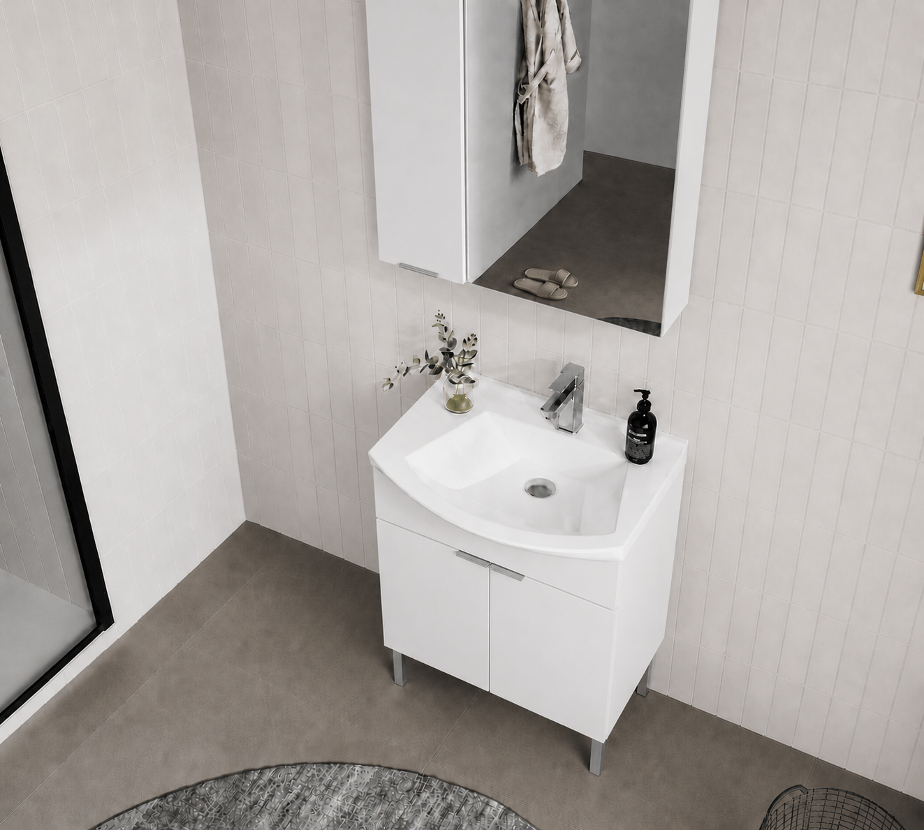 Orka Purus 65 cm ,Parlak Beyaz, Banyo Dolabı Takımı (Ayaklı,Dolaplı Ayna), 5008482