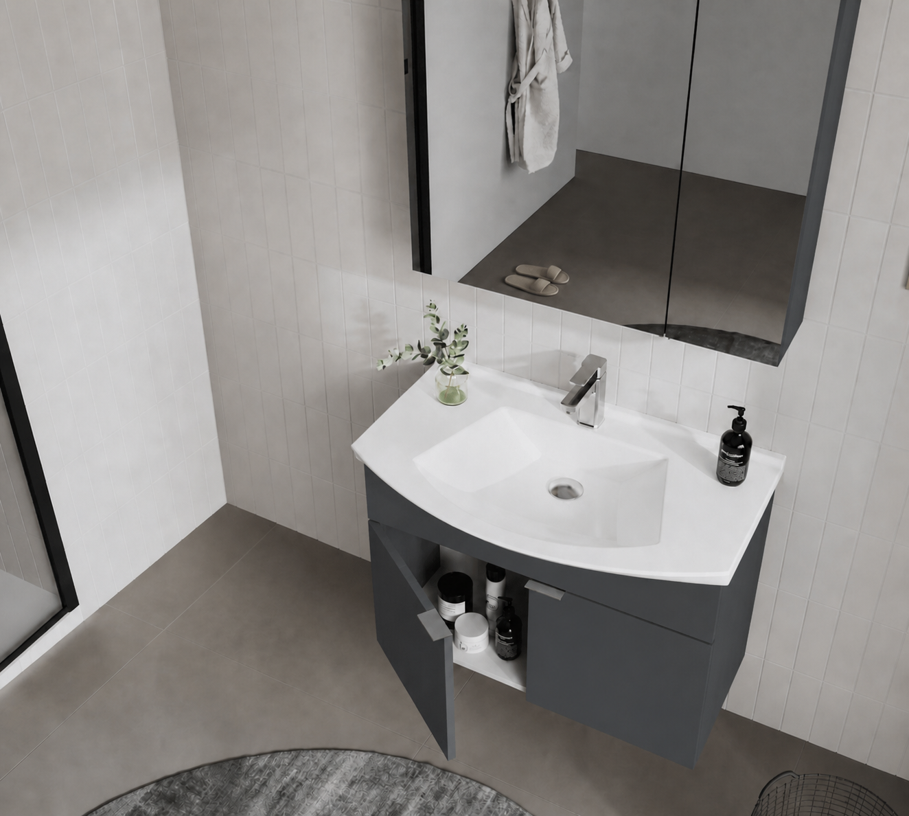 Orka Purus 80 cm ,Mat Antrasit, Banyo Dolabı Takımı (Dolaplı Ayna), 5008343