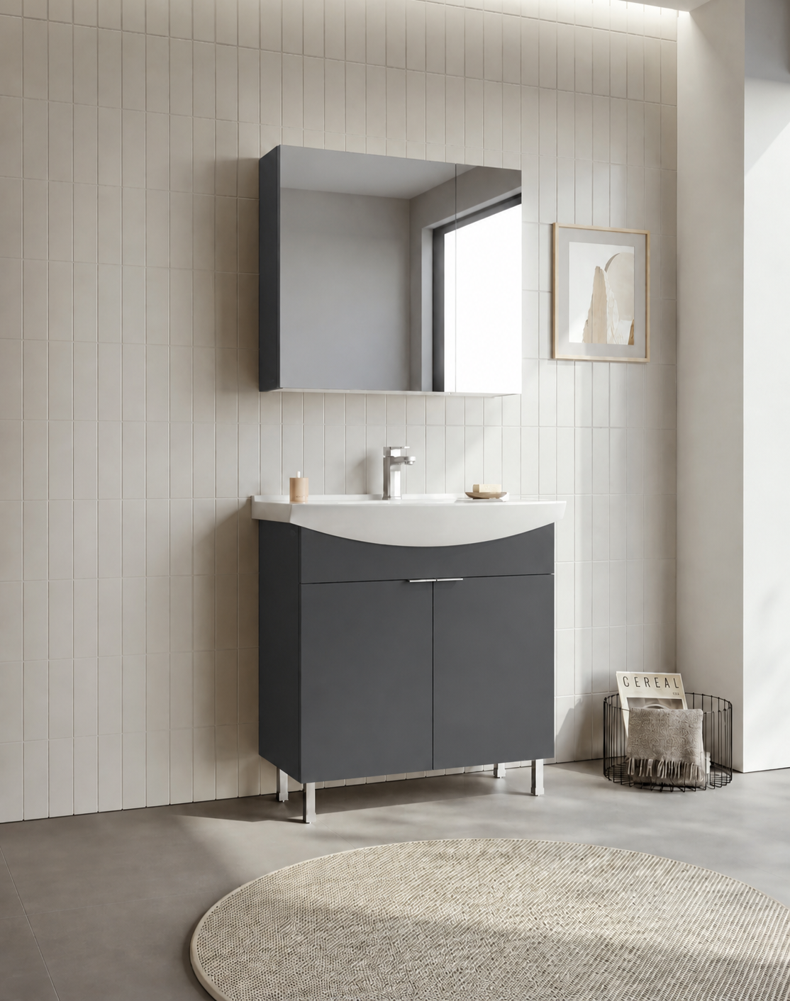 Orka Purus 80 cm ,Mat Antrasit, Banyo Dolabı Takımı (Ayaklı,Dolaplı Ayna), 5008484
