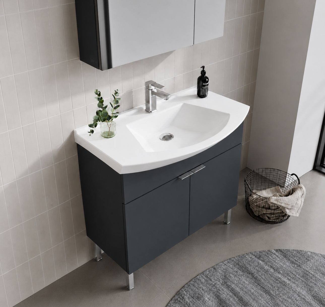 Orka Purus 80 cm ,Mat Antrasit, Banyo Dolabı Takımı (Ayaklı,Dolaplı Ayna), 5008484