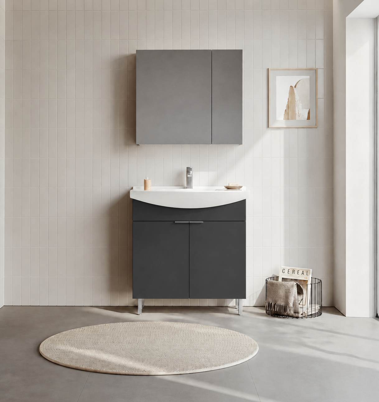 Orka Purus 80 cm ,Mat Antrasit, Banyo Dolabı Takımı (Ayaklı,Dolaplı Ayna), 5008484