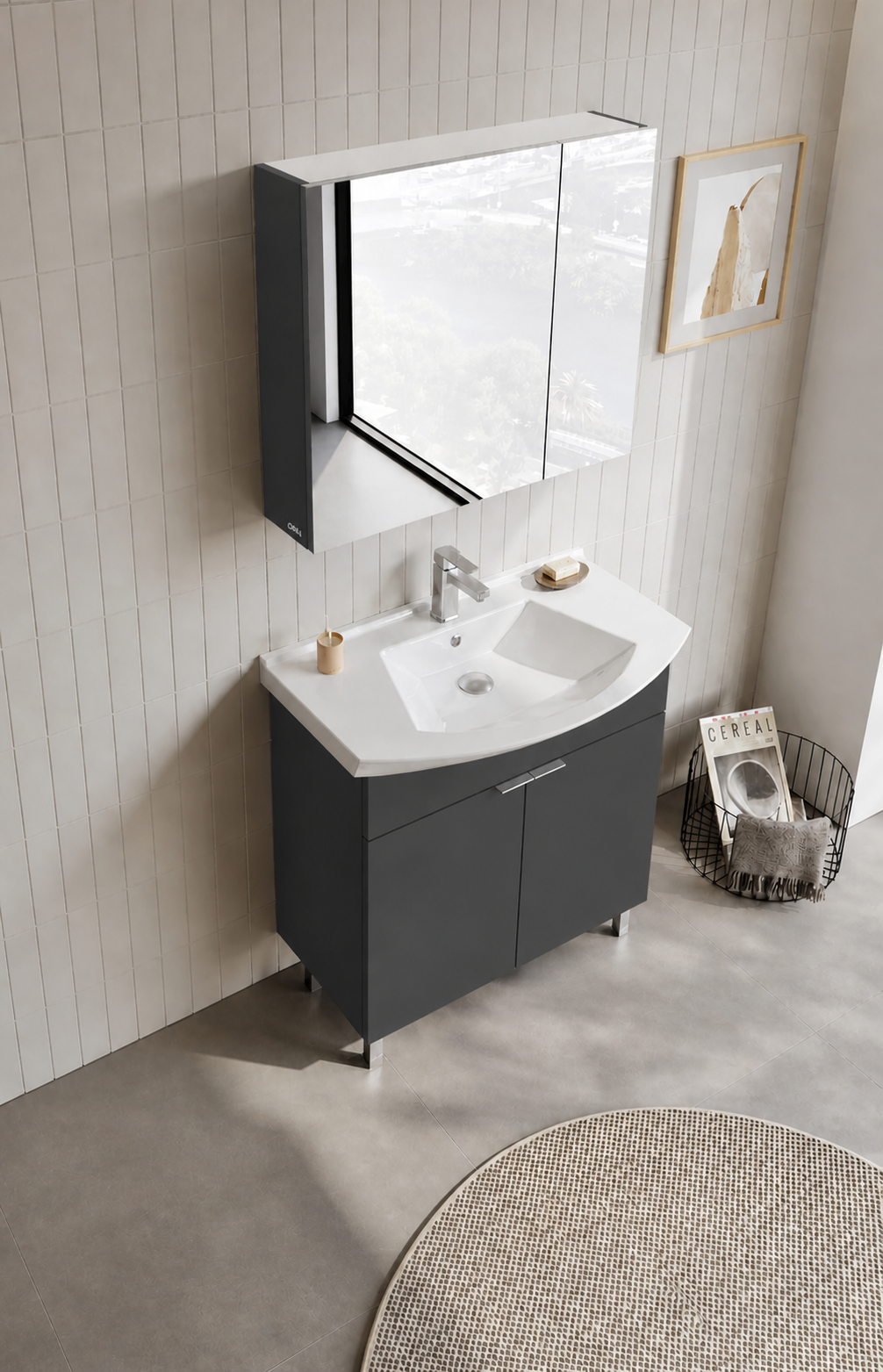 Orka Purus 80 cm ,Mat Antrasit, Banyo Dolabı Takımı (Ayaklı,Dolaplı Ayna), 5008484