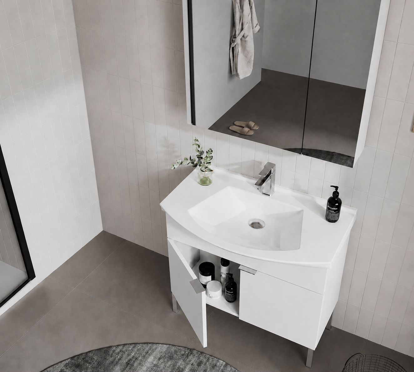 Orka Purus 80 cm ,Parlak Beyaz, Banyo Dolabı Takımı (Ayaklı,Dolaplı Ayna), 5008485