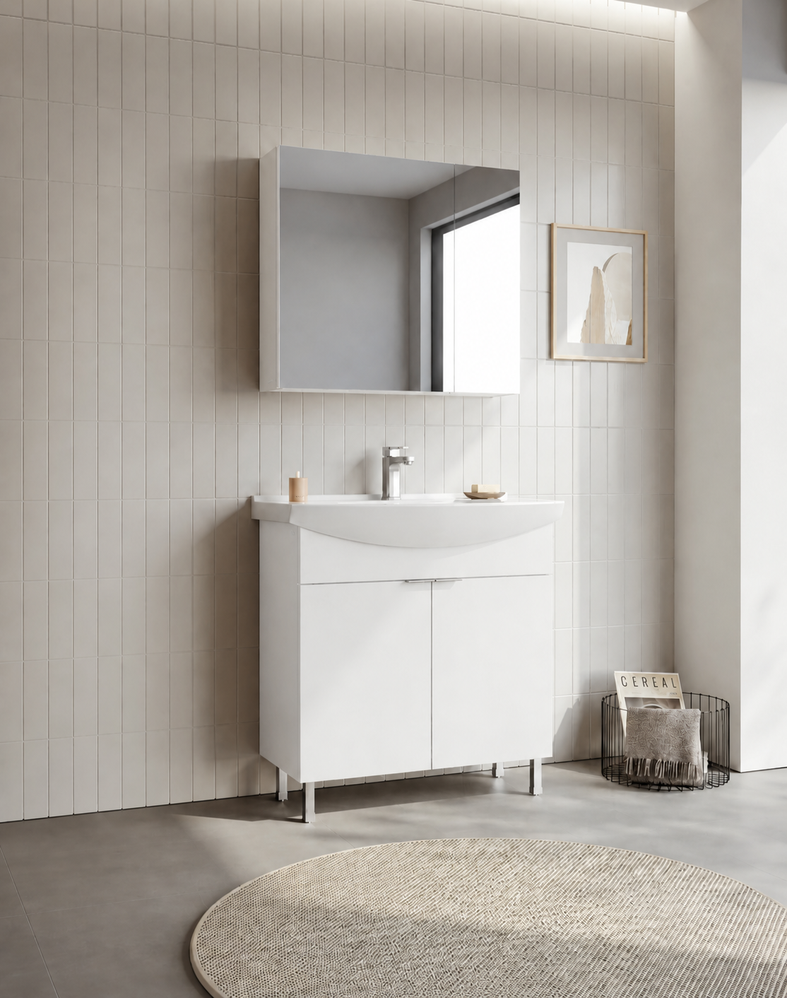 Orka Purus 80 cm ,Parlak Beyaz, Banyo Dolabı Takımı (Ayaklı,Dolaplı Ayna), 5008485