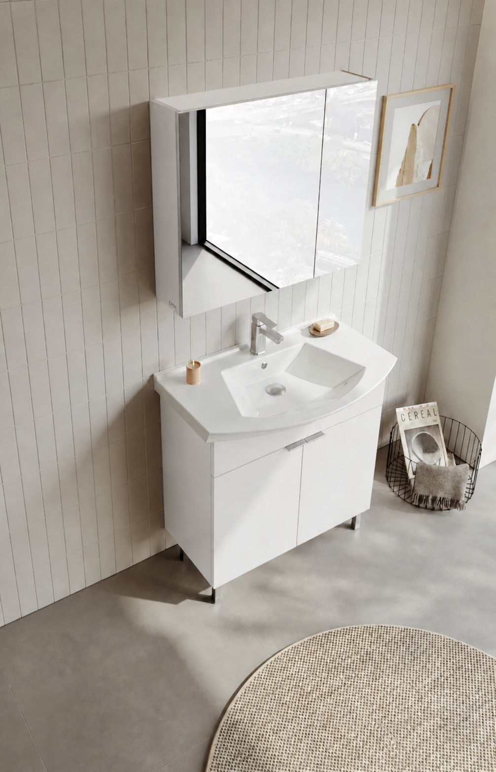 Orka Purus 80 cm ,Parlak Beyaz, Banyo Dolabı Takımı (Ayaklı,Dolaplı Ayna), 5008485