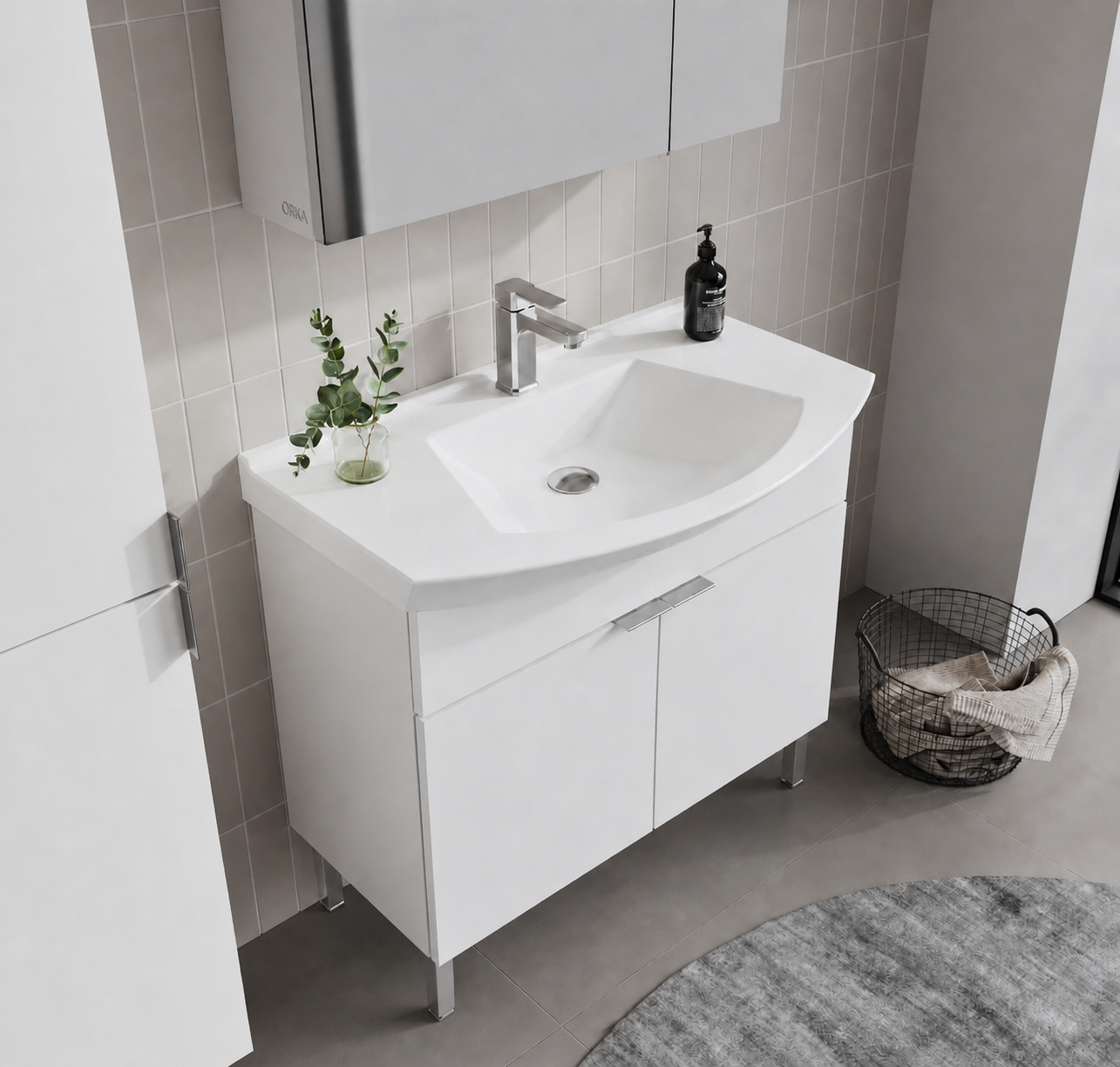 Orka Purus 80 cm ,Parlak Beyaz, Banyo Dolabı Takımı (Ayaklı,Dolaplı Ayna), 5008485