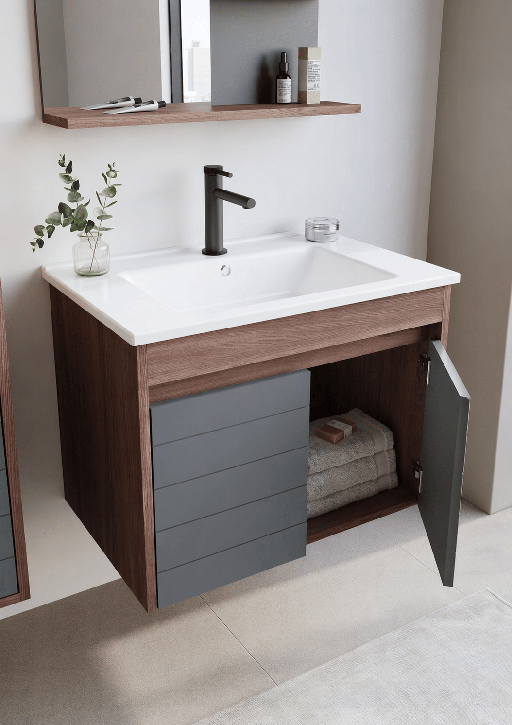 Orka Serra 85 cm Navaro/Antrasit Banyo Dolabı Alt Modül ve Lavabo, 5007558