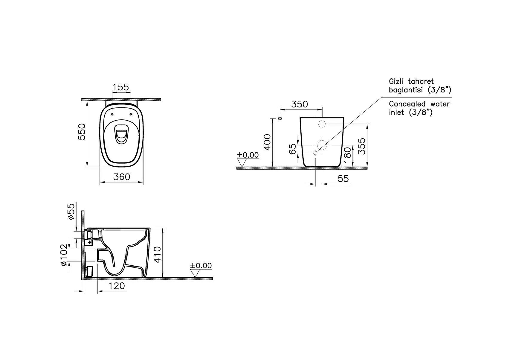 VitrA Klozet, Yerden, Tek, Plural Rim-Ex, Duvara Tam Dayalı, Klozet, 55 cm, Parlak Beyaz, 7815B403-0090 
