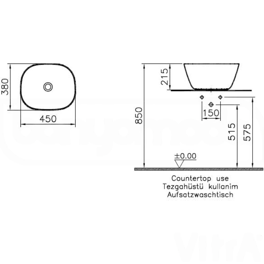 Vitra Lavabo, Plural, Kare, Yüksek, Çanak, 45 cm, Mat Kil Beji, 7811B474-0016  (sadece istanbul teslimat için uygundur )