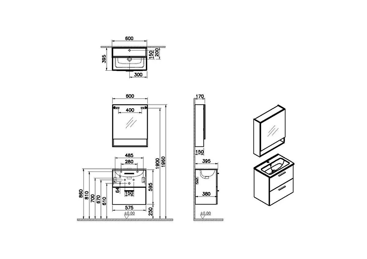 Vitra Mia Demonte Set, 60 Cm, Çekmeceli, (Lavabo Dolabı, Raflı-Dolaplı Ayna), Beyaz 66049