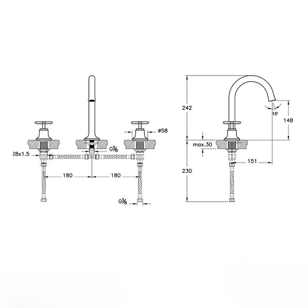 Vitra Origin Classic Ankastre Lavabo Bataryası (3 Delikli Lavabolar İçin), Fırçalı Altın A4289125