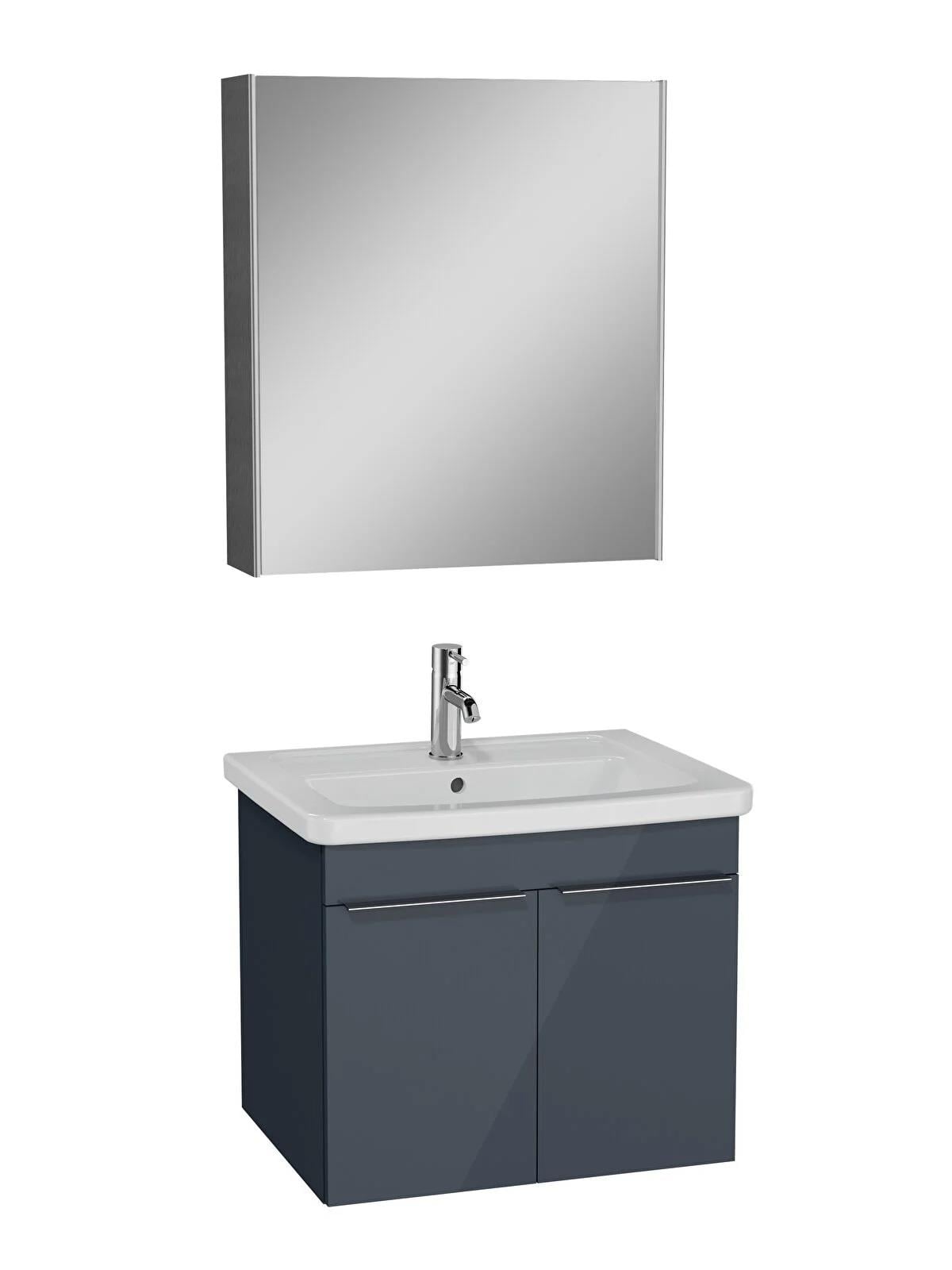 Vitra Quadrum Banyo Dolabı Seti, 65 cm, Kapaklı, (Dolaplı Ayna Dahil), Parlak Antrasit 67107