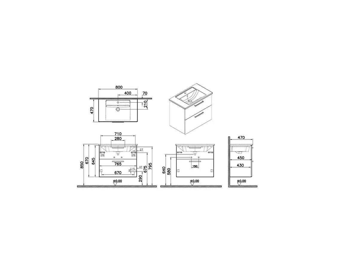 Vitra Root Flat İki Çekmeceli Lavabo Dolabı, 80 cm, Doğal Meşe (Köşeli Lavabo Dahil) 66302 