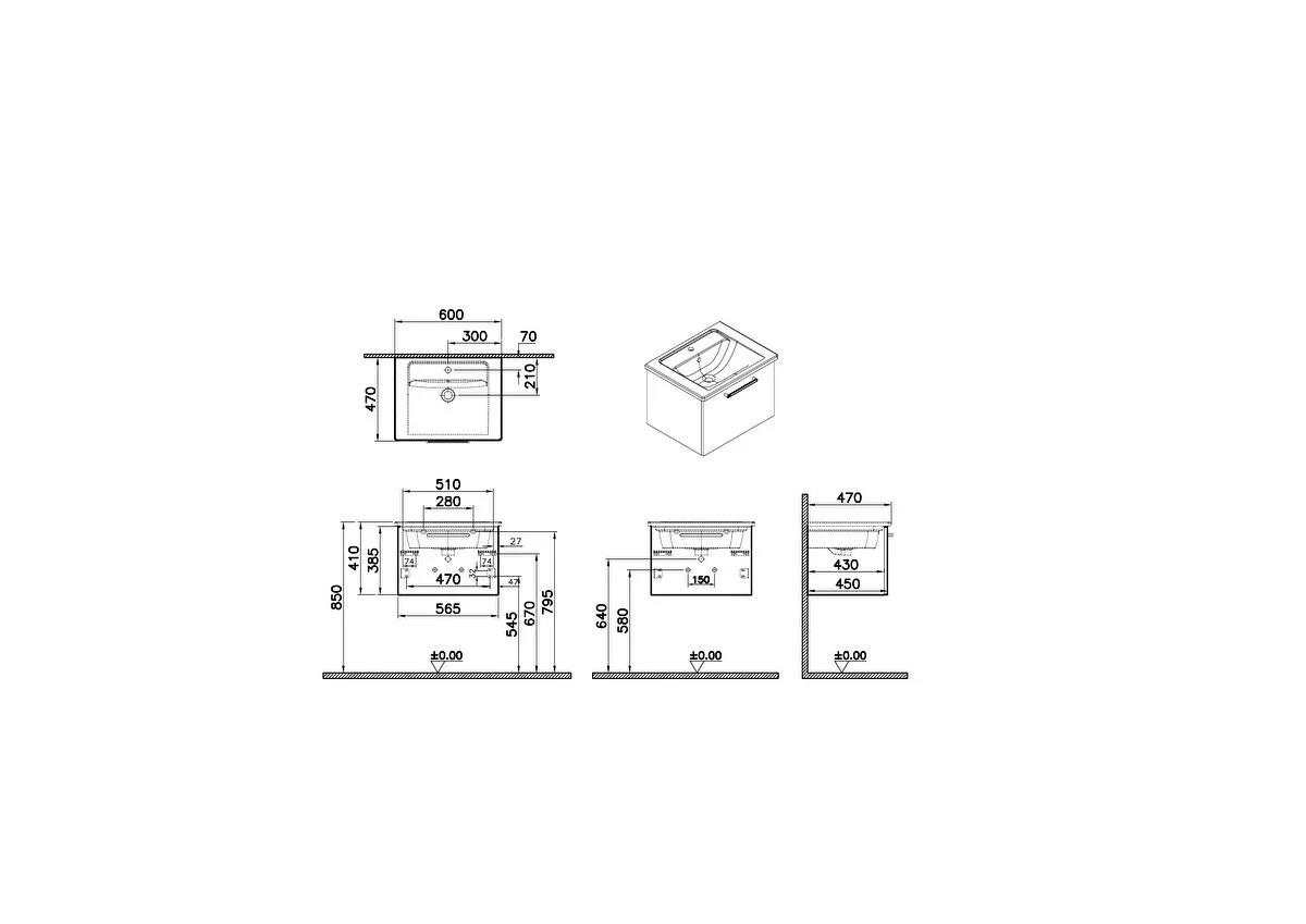Vitra Root Flat Tek Çekmeceli Lavabo Dolabı 60 Cm Mat Fırtına Gri (Köşeli Lavabo Dahil) 68203
