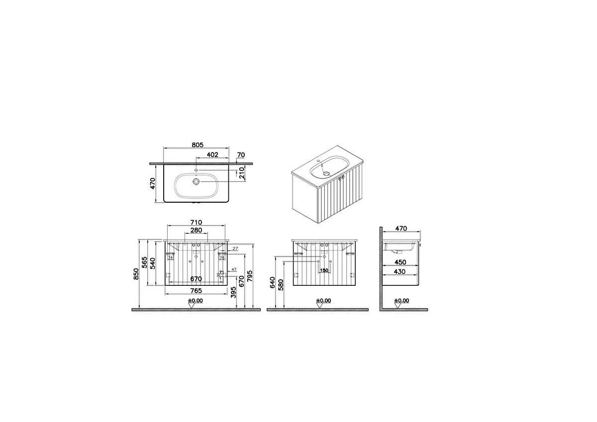 Vitra Root Groove Kapaklı Lavabo Dolabı 80 Cm Mat Gri (Yuvarlak Lavabo Dahil) 69291