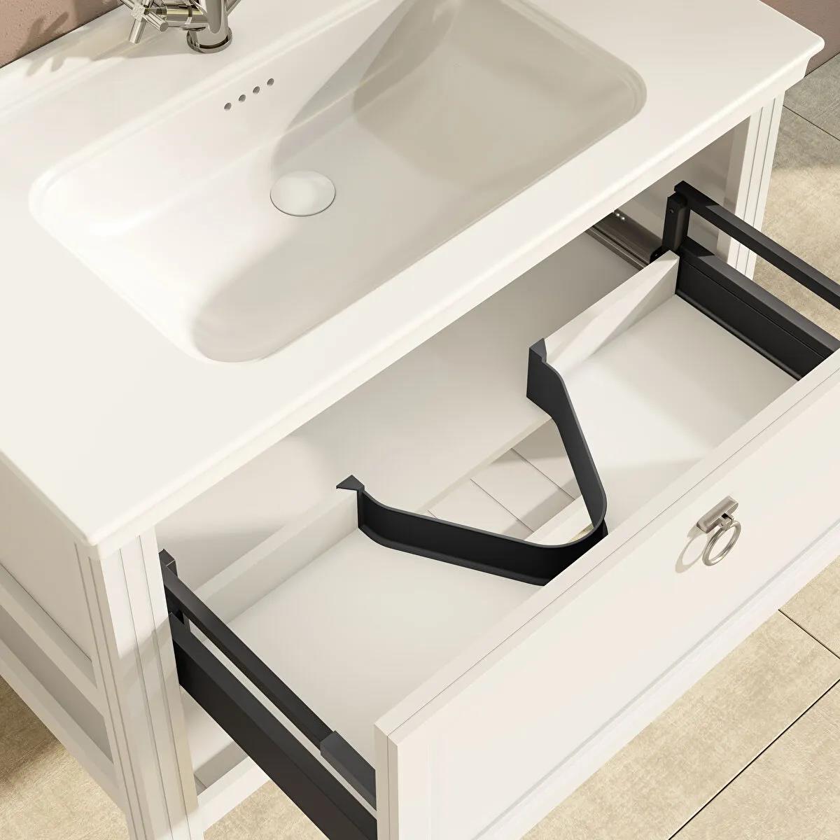 Vitra Valarte Tek Çekmeceli Etajerli Lavabo Dolabı, 100 cm, Mat Beyaz (Lavabo Dahil-Krom Kulplu) 62183 