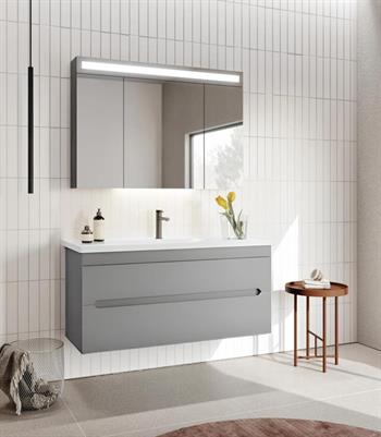 Orka Varna 120 cm Mat Gri Banyo Dolabı Takımı (Ledli-Dolaplı Ayna)