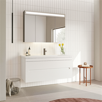 Orka Varna 120 cm Mat Beyaz Banyo Dolabı Takımı (Ledli-Dolaplı Ayna)