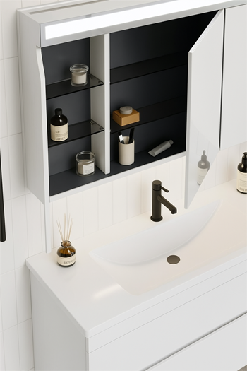 Orka Varna 120 cm Mat Beyaz Banyo Dolabı Takımı (Ledli-Dolaplı Ayna)