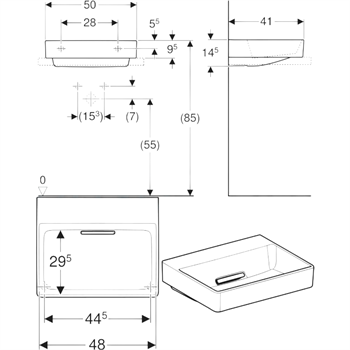 Geberit One CleanDrain KeraTect Tezgah Üstü Lavabo, 50 cm, Yatay Çıkışlı, 505.023.00.1