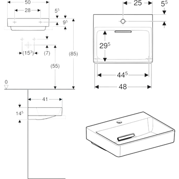 Geberit One CleanDrain KeraTect Tezgah Üstü Lavabo, 50 cm, Yatay Çıkışlı, 505.024.00.1