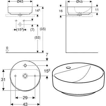 Geberit VariForm Batarya Banklı Yuvarlak Çanak Lavabo, 45 cm, 500.770.01.2