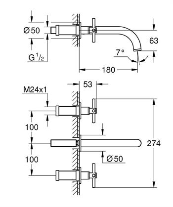 Grohe Atrio 3 Delikli Duvardan Ankastre Lavabo Bataryası (Sıva Üstü Grubu), Bakır, 20661DA0