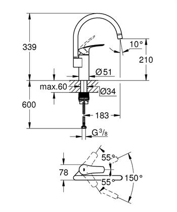 Grohe Eurosmart 2021 Tek kumandalı eviye bataryası, Krom, 33202003