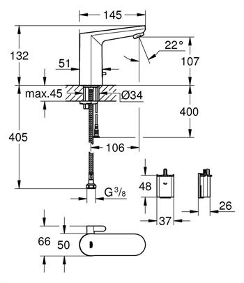 Grohe Eurosmart Cosmopolitan E Fotoselli Lavabo Bataryası (Çift Su Girişli, Pilli, Sıcak Soğuk Su Ayarlı) 36327002