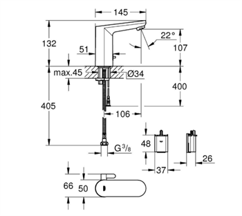 Grohe Get E Fotoselli Lavabo Bataryası Pilli, Çift Su Girişli, 36366002