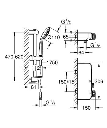 Grohe Grohtherm Smartcontrol Termostatik Duş Bataryası ve Sürgülü El Duş Takımı, Krom, 34720000