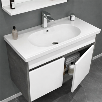 Orka Aydos Banyo Dolabı Takımı, 85 cm, Retro Gümüş/Beyaz (Dolaplı-Led Spotlu Ayna), 5000033