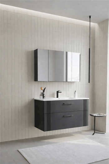 Orka Bari Banyo Dolabı Takımı, 100 cm, Mat Antrasit (Dolaplı Ayna), 5006595
