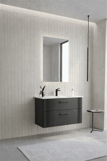 Orka Bari Banyo Dolabı Takımı, 85 cm, Mat Antrasit (Ledli Ayna), 5006579