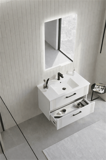 Orka Bari Banyo Dolabı Takımı, 85 cm, Mat Beyaz (Ledli Ayna), 5006576