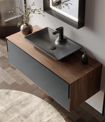 Orka Craft Banyo Dolabı Takımı, 120 cm, Kompakt Ceviz (Ledli Ayna-Mat Antrasit Lavabo), 5000147